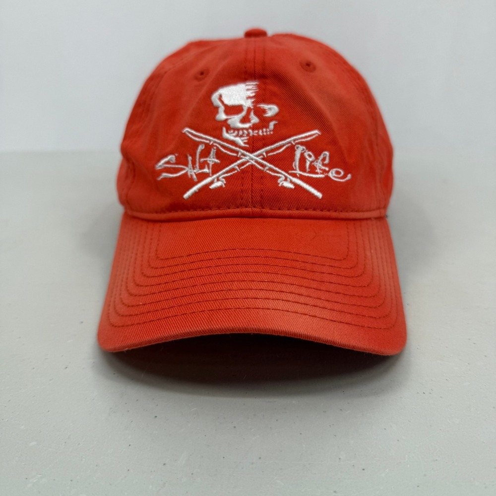 Salt Life Baseball Cap Mens OSFA Orange Skull Fishing Rods Adjustable Hat